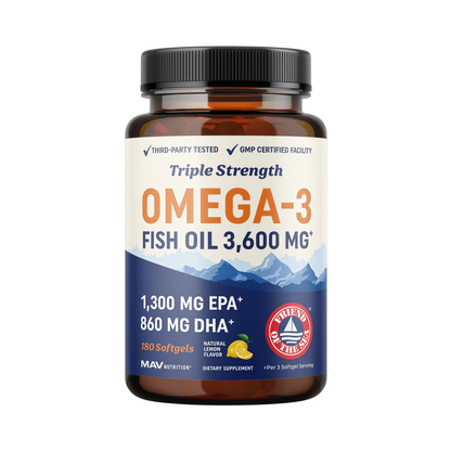 Triple Strength DHA Omega 3 Fish Oil 3600 mg | Over 2100mg Omega-3 Fatty Acids with 860mg of DHA | 1300mg EPA | Best Essential Fatty Acids | Premium Wild Caught & Burpless Fish Oil | 180 Softgels