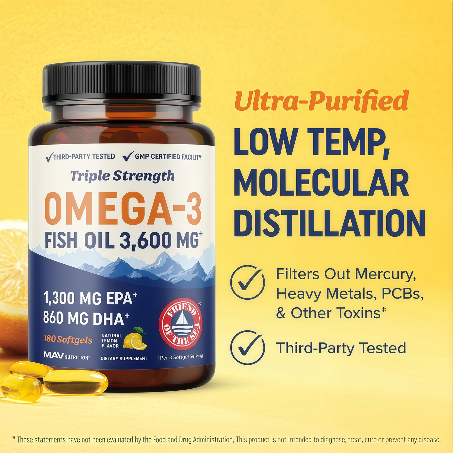 Triple Strength DHA Omega 3 Fish Oil 3600 mg | Over 2100mg Omega-3 Fatty Acids with 860mg of DHA | 1300mg EPA | Best Essential Fatty Acids | Premium Wild Caught & Burpless Fish Oil | 180 Softgels