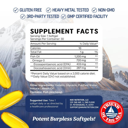 Triple Strength DHA Omega 3 Fish Oil 3600 mg | Over 2100mg Omega-3 Fatty Acids with 860mg of DHA | 1300mg EPA | Best Essential Fatty Acids | Premium Wild Caught & Burpless Fish Oil | 180 Softgels